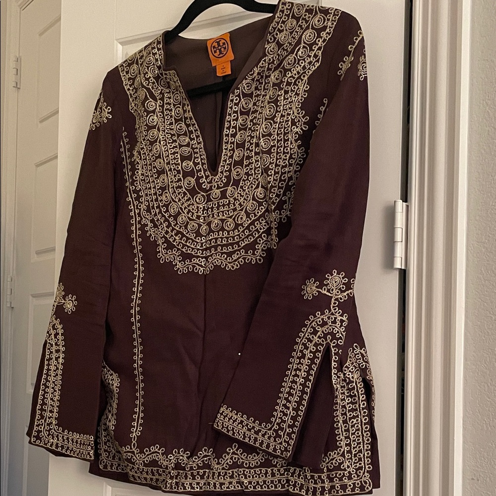 Tory Burch Chocolate Tunic with Cream Embroidery